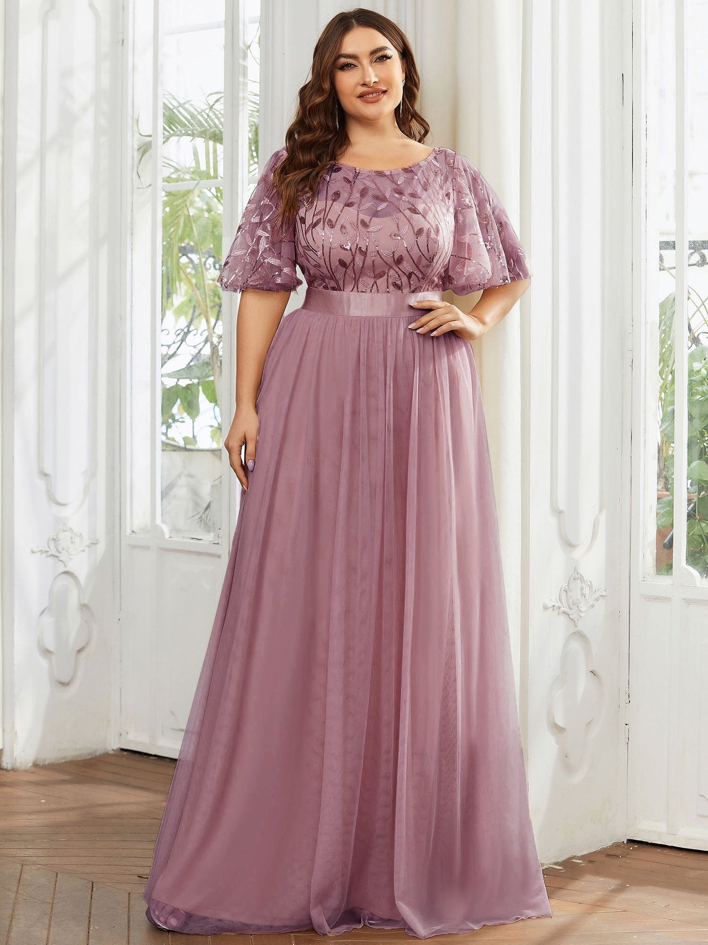 Plus Size Women's Embroidery Evening Dresses with Short Sleeve DRE230970117POH16 RosyBrown / 16