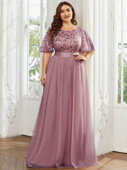 Plus Size Women's Embroidery Evening Dresses with Short Sleeve DRE230970117POH16 RosyBrown / 16