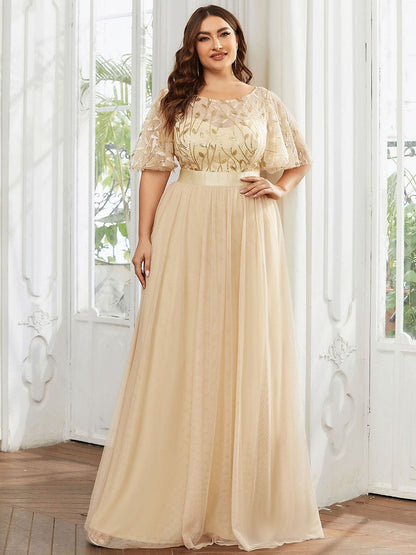 Plus Size Women's Embroidery Evening Dresses with Short Sleeve DRE230970109GDL16 Gold / 16