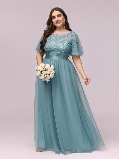 Plus Size Women's Embroidery Evening Dresses with Short Sleeve DRE230970149DBU16 LightSeaGreen / 16