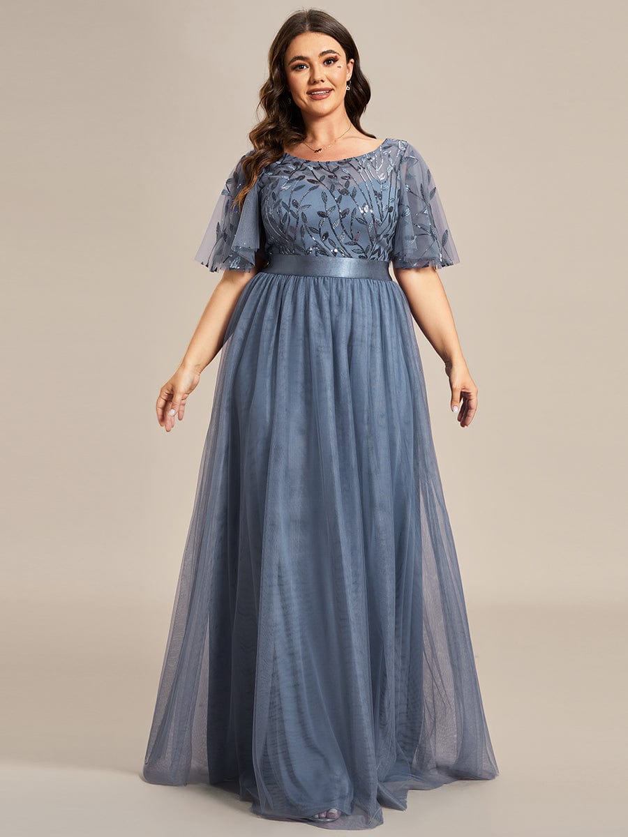 Plus Size Women's Embroidery Evening Dresses with Short Sleeve DRE230970157DNV16 Blue / 16
