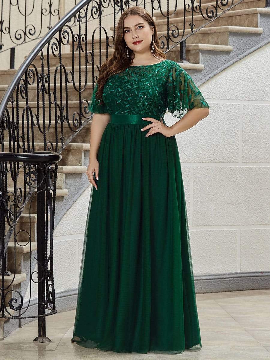 Plus Size Women's Embroidery Evening Dresses with Short Sleeve DRE230970133DGV16 DarkGreen / 16