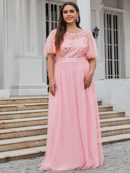 Plus Size Women's Embroidery Evening Dresses with Short Sleeve DRE230970181PNK16 Pink / 16