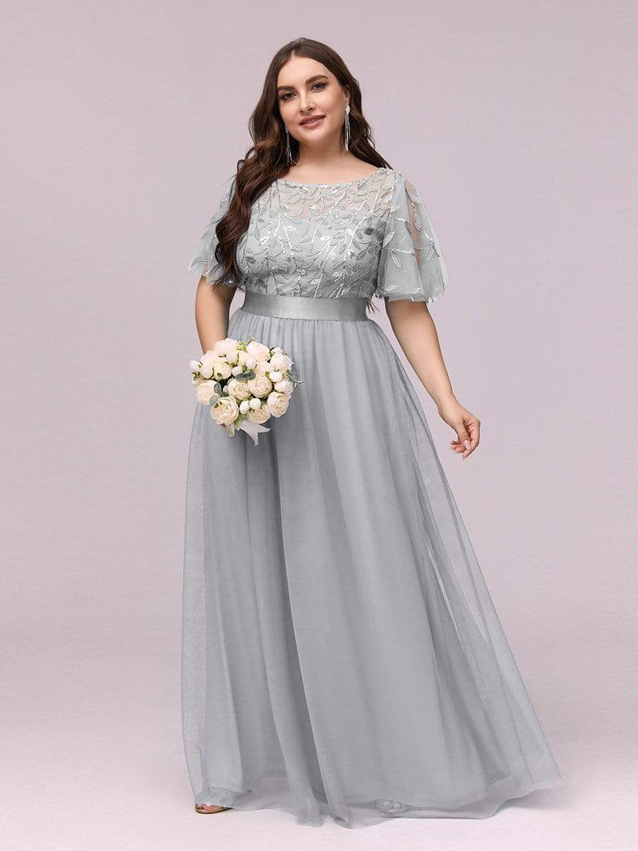 Plus Size Women's Embroidery Evening Dresses with Short Sleeve DRE230970173GRE16 Gray / 16