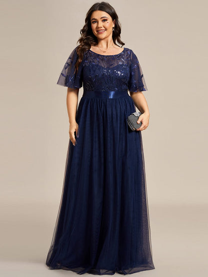 Plus Size Women's Embroidery Evening Dresses with Short Sleeve DRE230970141NBY16 Navy / 16