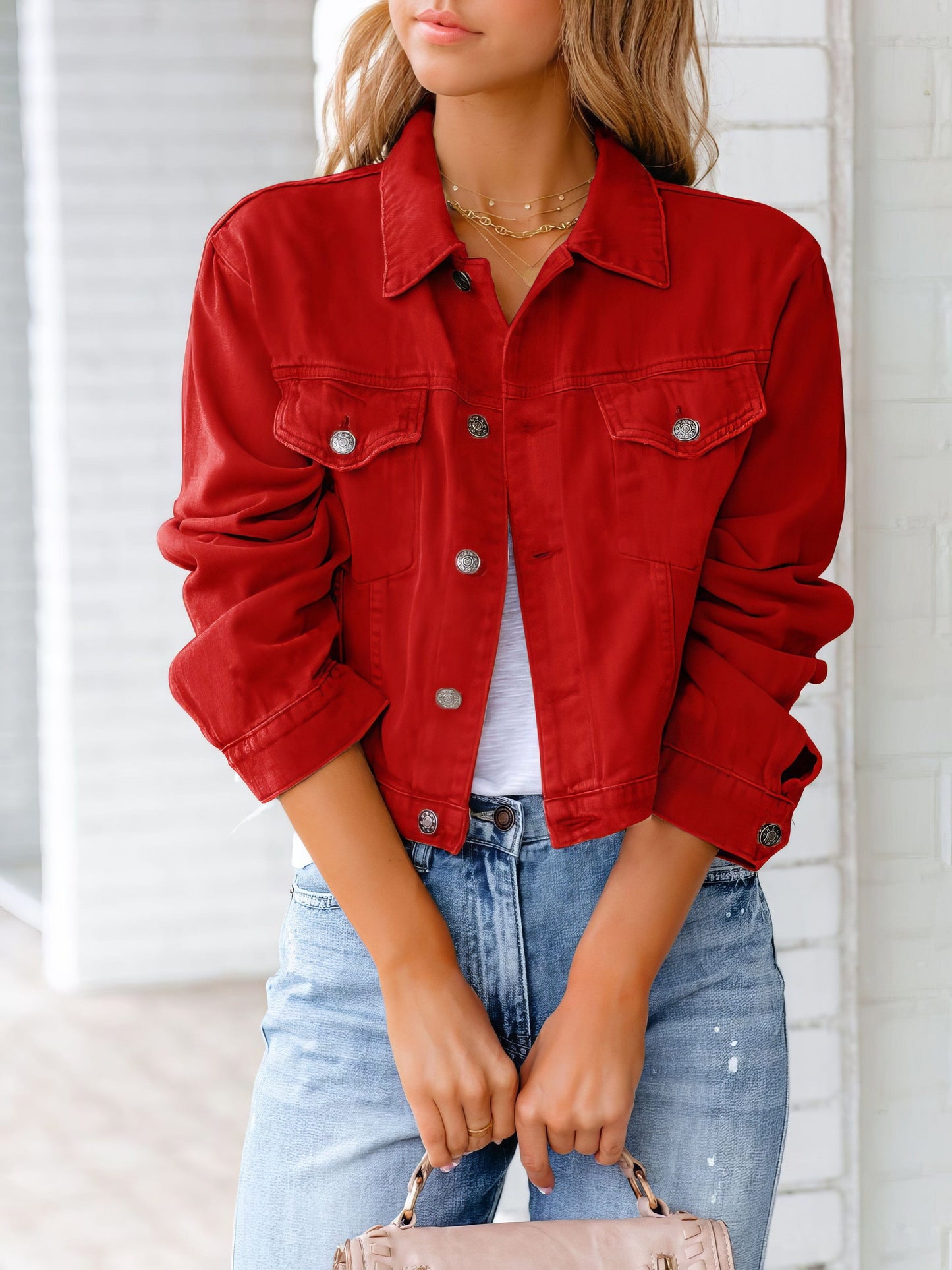 Pocket Long Sleeve Denim Jacket JAC2108131121REDS Red / 2 (S)