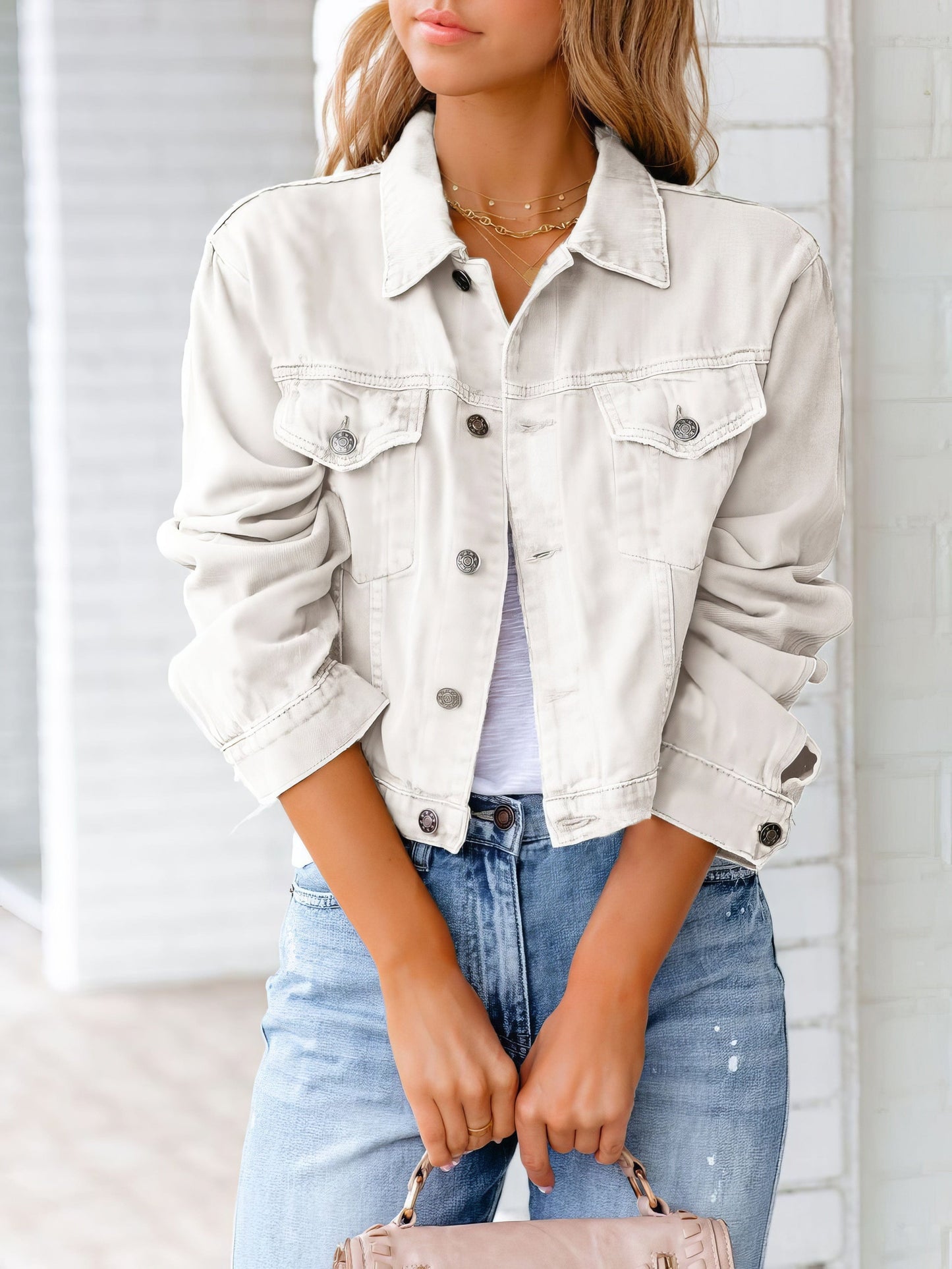 Pocket Long Sleeve Denim Jacket JAC2108131121WHIS White / 2 (S)