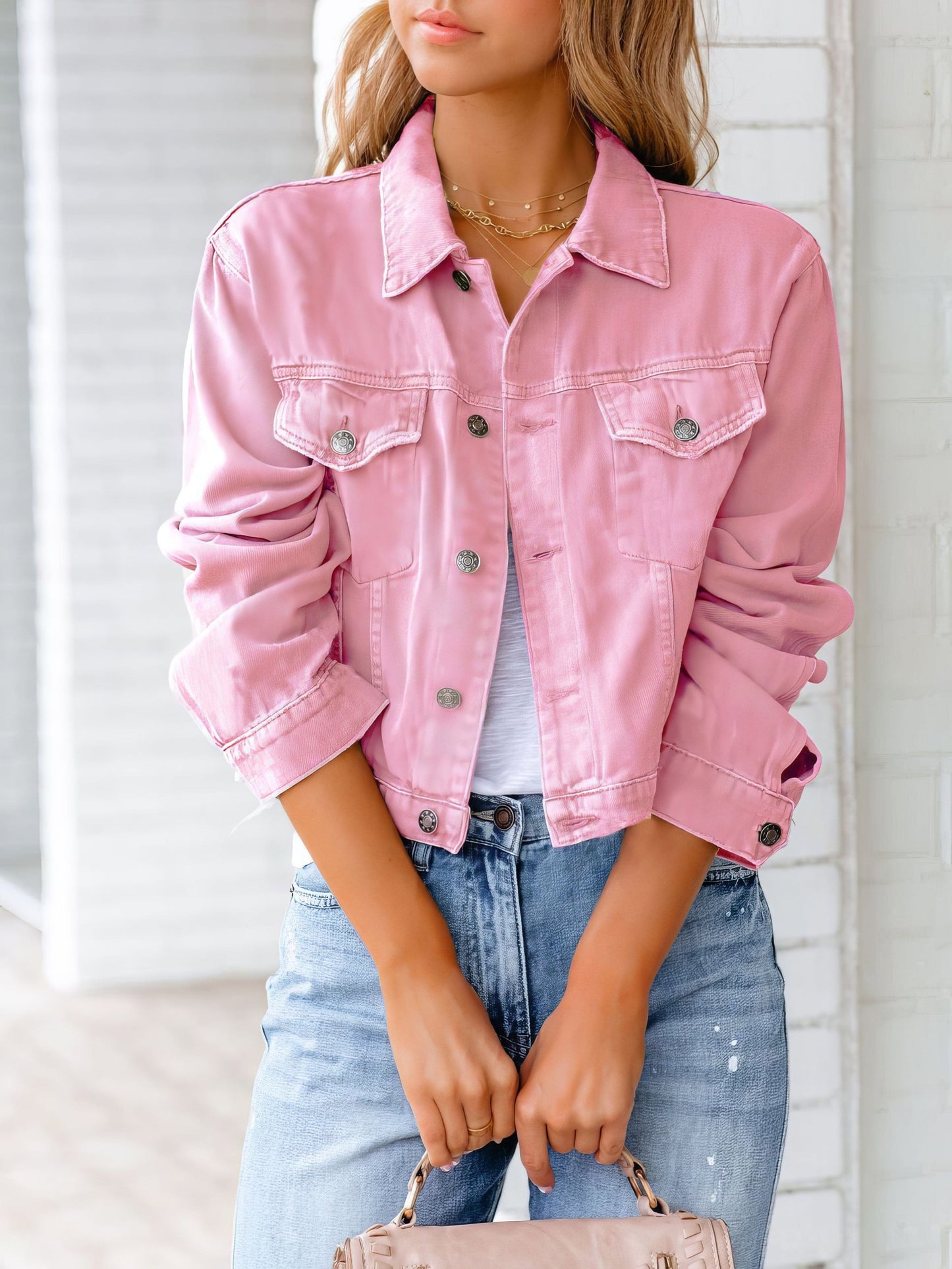 Pocket Long Sleeve Denim Jacket JAC2108131121PINS Pink / 2 (S)