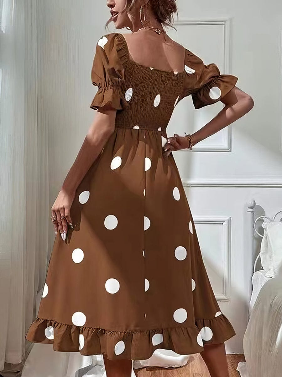 Polka Dot Print Puff Sleeve Frill Midi Dress