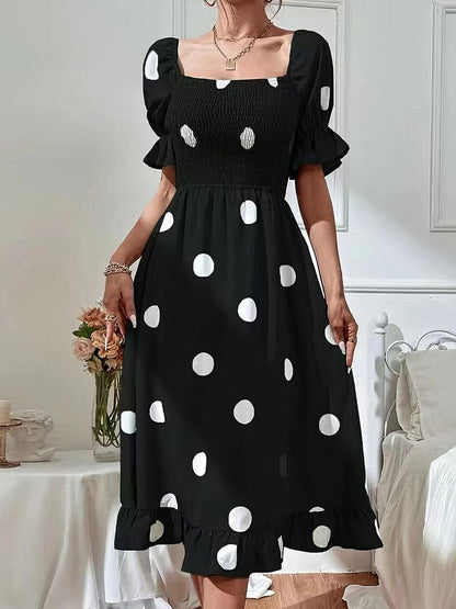 Polka Dot Print Puff Sleeve Frill Midi Dress DRE2304070145BLAS Black / 2 (S)