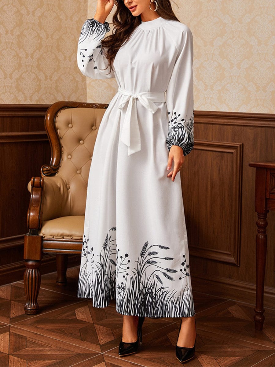 Printed Belt Round Neck Long Sleeve Maxi Dress