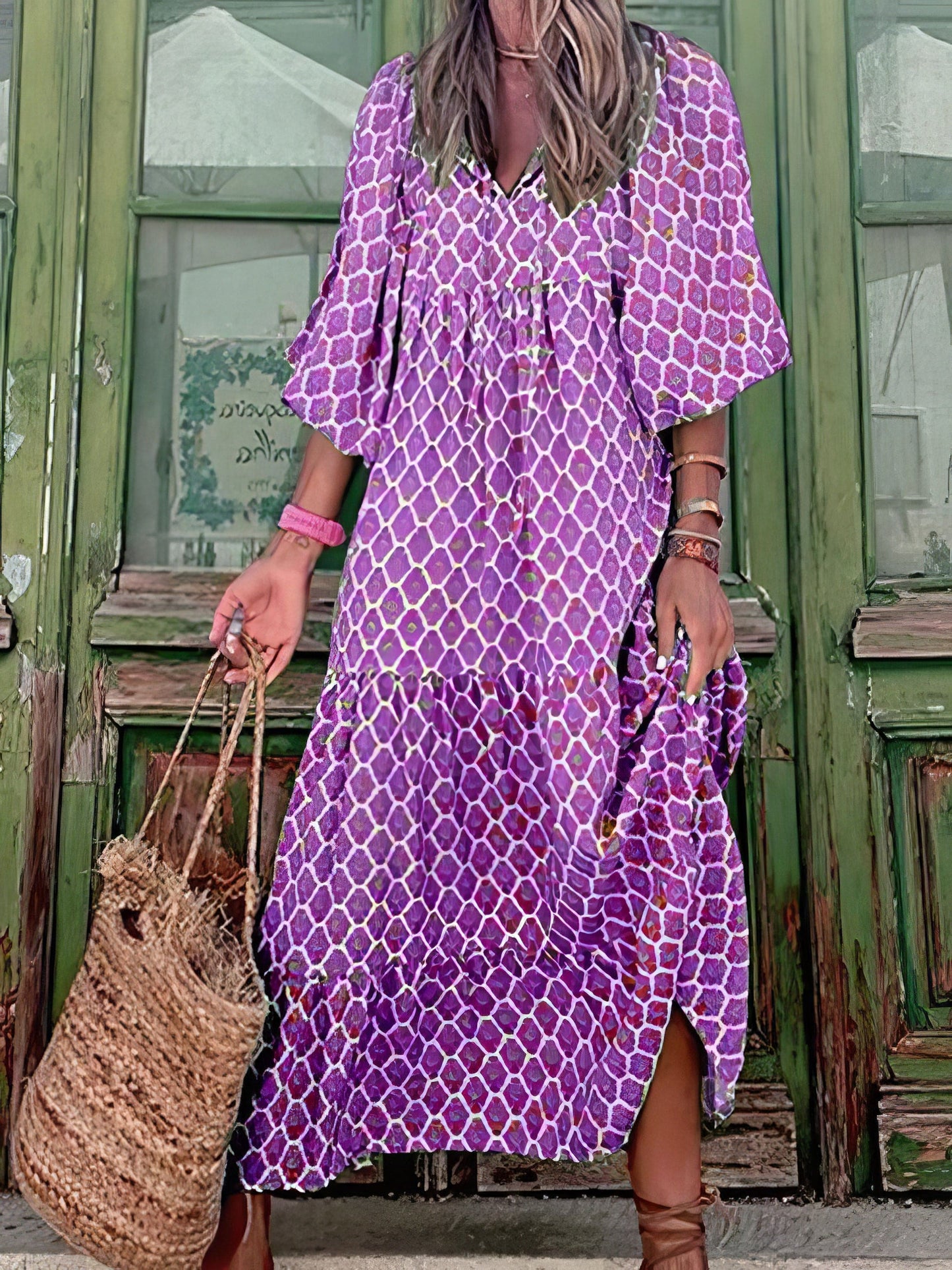 Printed Long Sleeve Loose Bohemian Dress DRE2108102417PURS Purple / 2 (S)