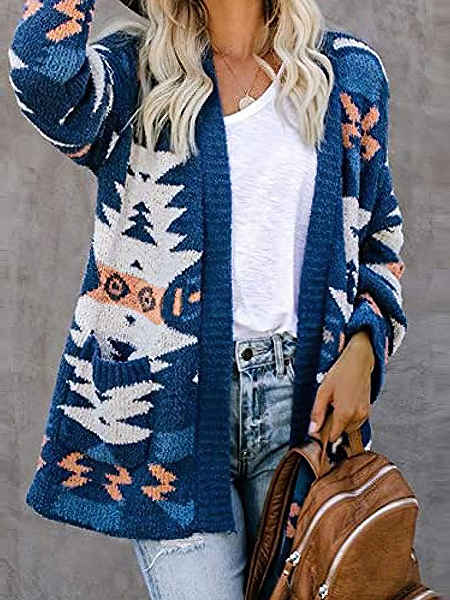 Printed Pocket Casual Long Sleeve Knitted Cardigan CAR2108191118BLUS Blue / 2 (S)