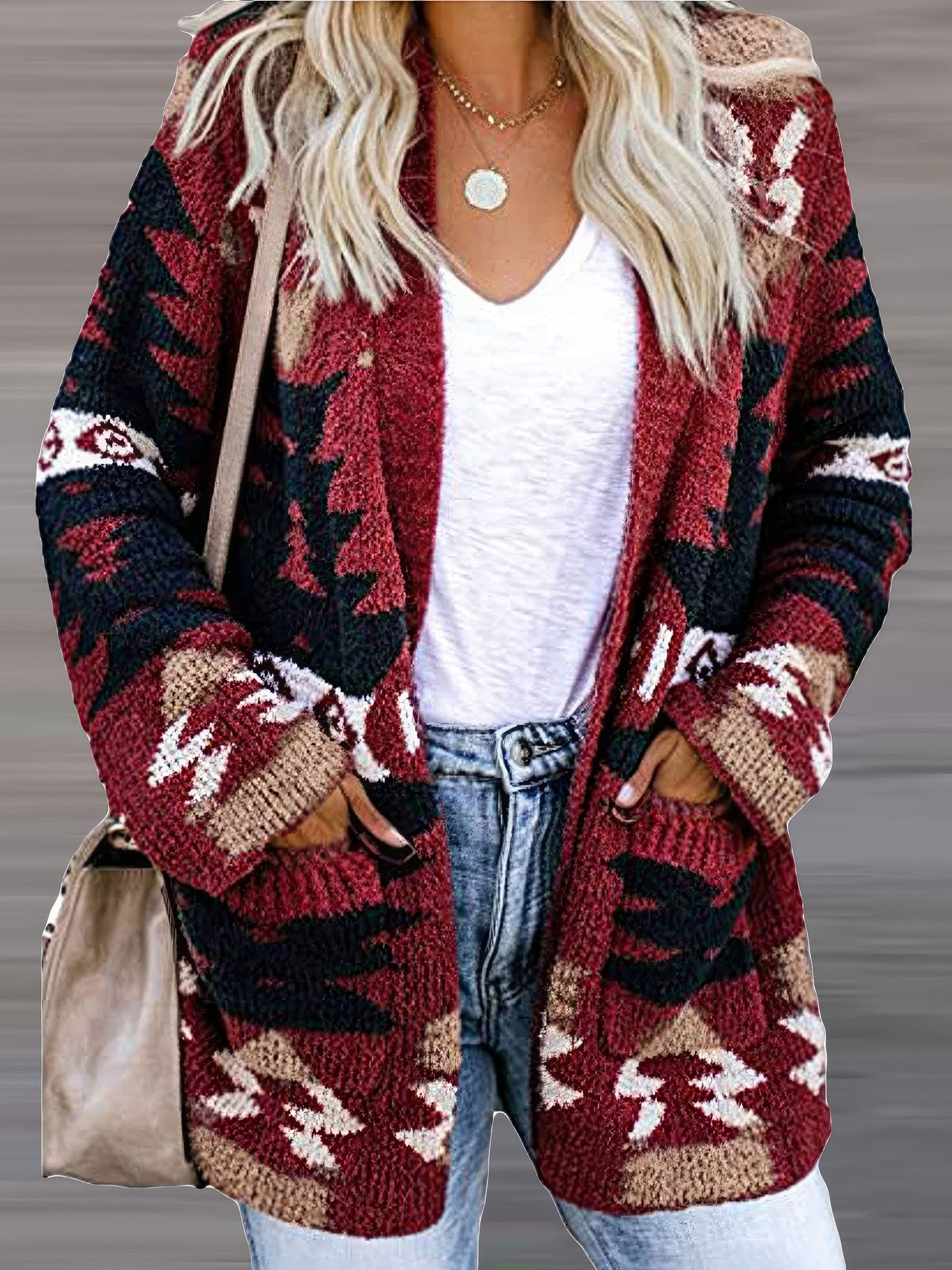 Printed Pocket Casual Long Sleeve Knitted Cardigan CAR2108191118GULS Red / 2 (S)