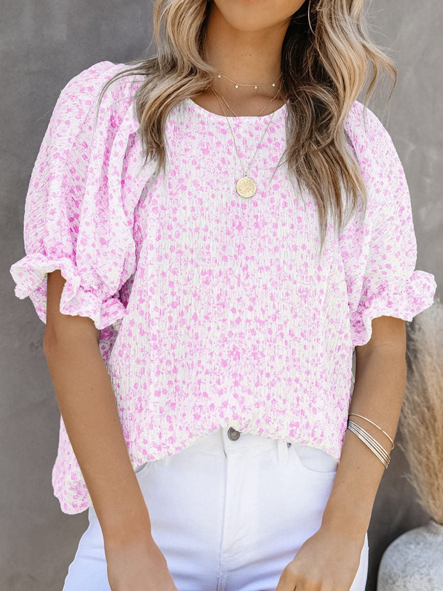 Printed Round Neck Puff Sleeve T-Shirt TSH2303150081PINS Pink / 2 (S)