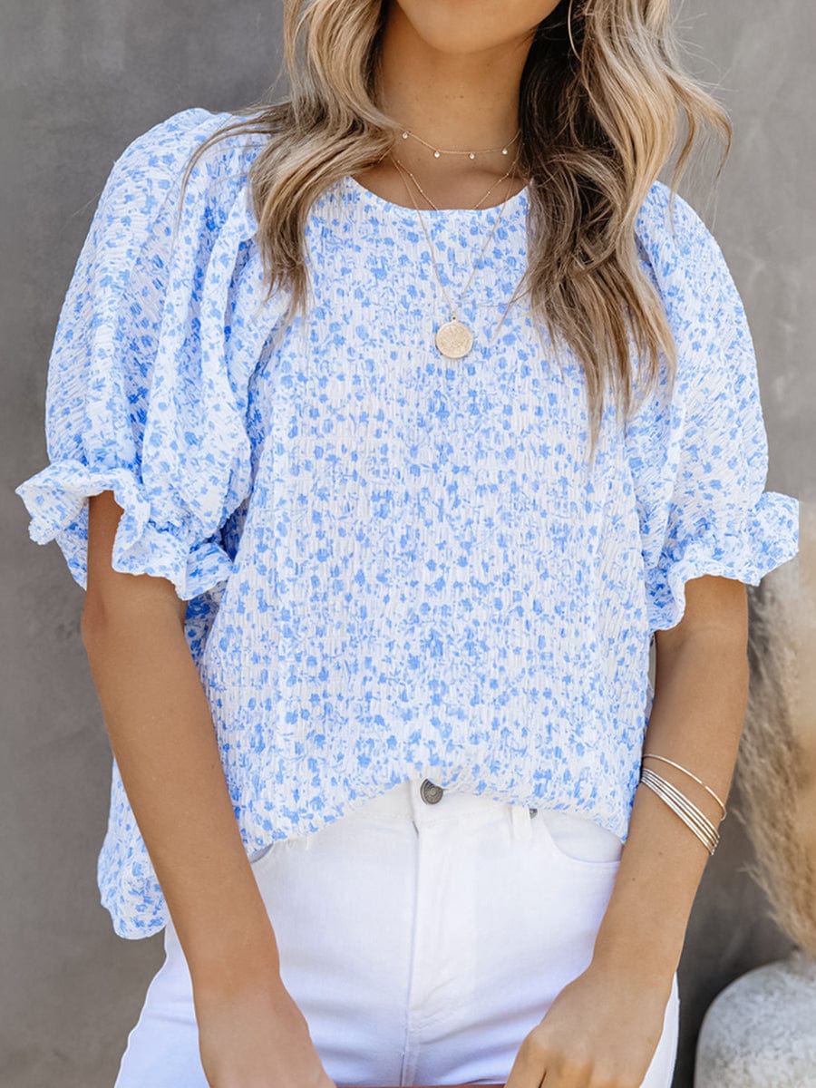 Printed Round Neck Puff Sleeve T-Shirt