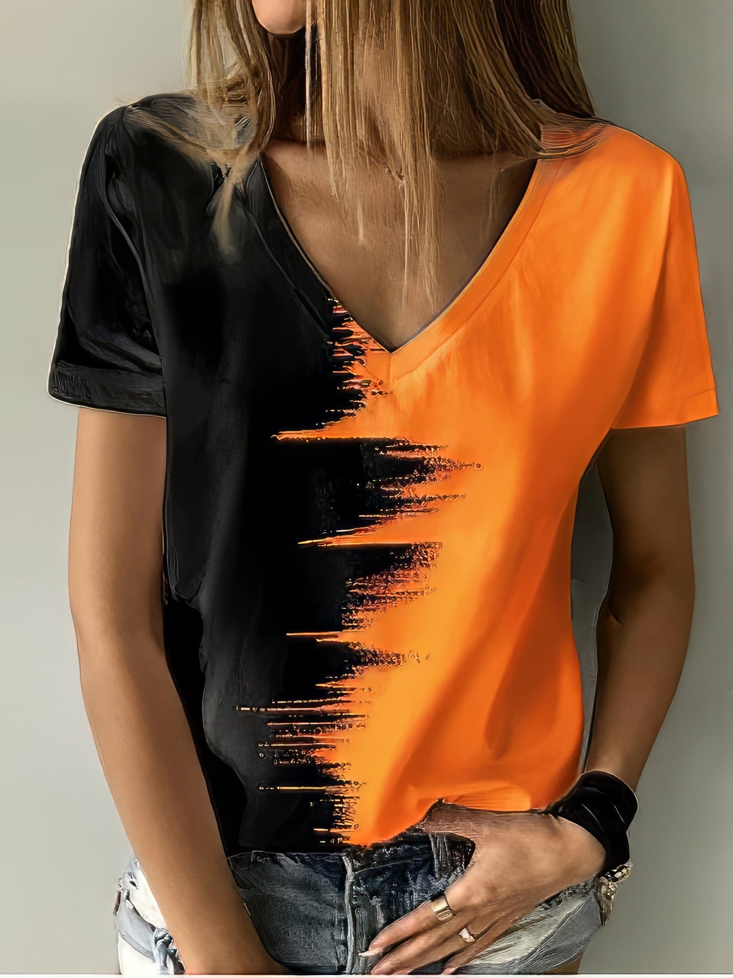 Printed V-Neck Short Sleeve T-Shirt TSH2204122366ORAS Orange / 2 (S)