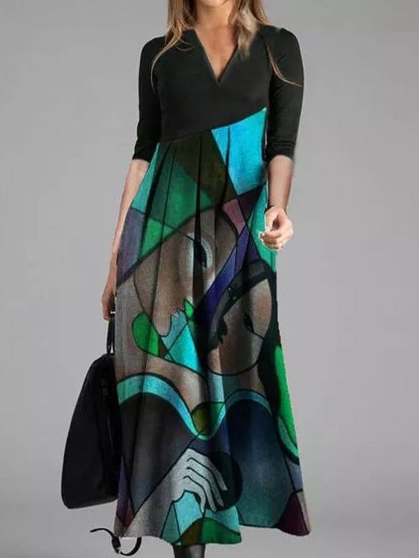 Printed V-Neck Three-Quarter Sleeve Dress DRE2209175451GREM Green / 4/6 (M)