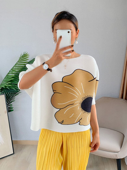 Printing Pleated Loose Fashion T-Shirt TSH2303270099BEIONESIZE Beige / 4/6(M)