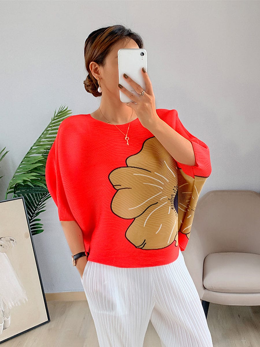 Printing Pleated Loose Fashion T-Shirt TSH2303270099REDONESIZE Red / 4/6(M)