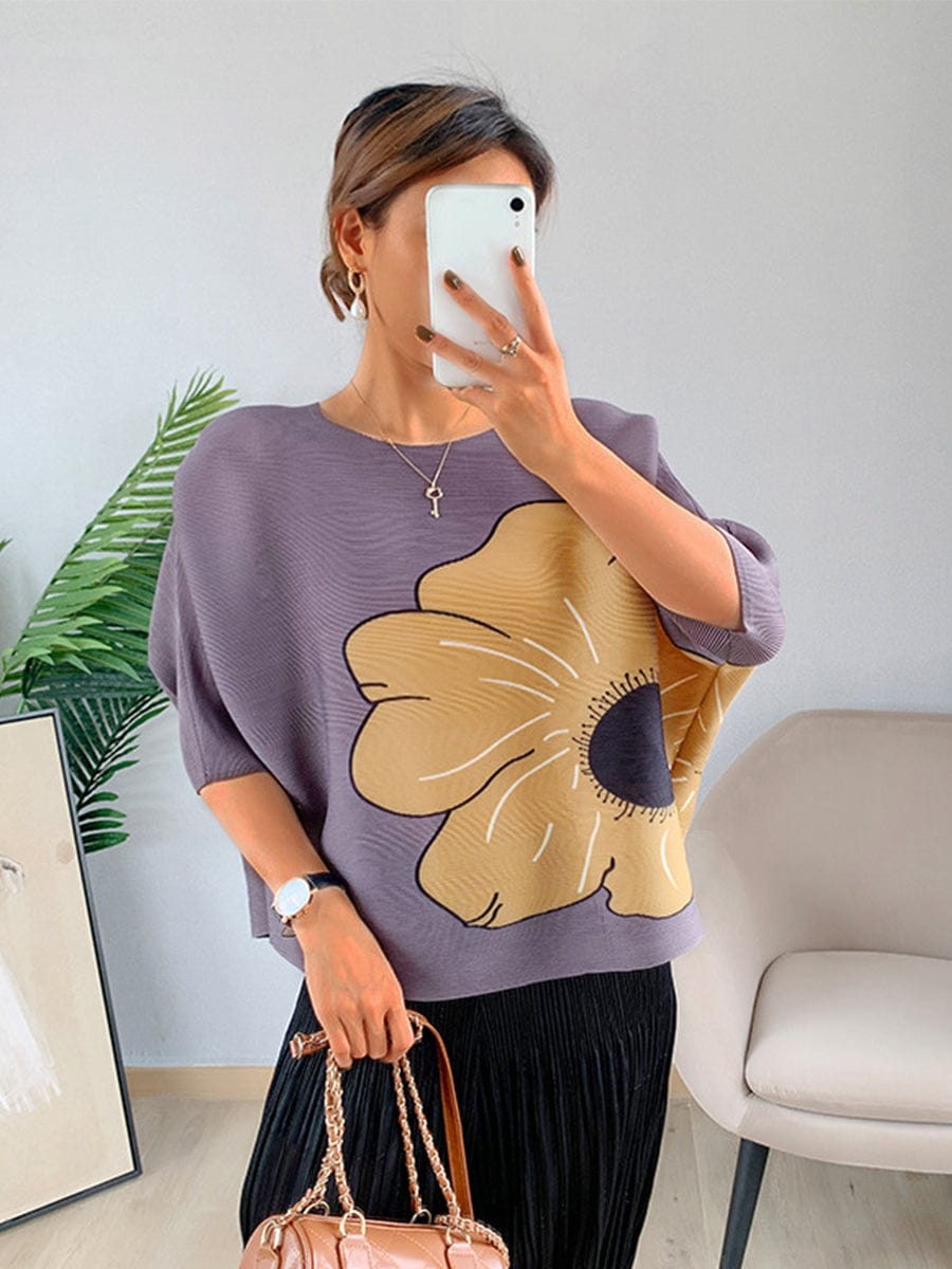 Printing Pleated Loose Fashion T-Shirt TSH2303270099GRYONESIZE Gray / 4/6(M)