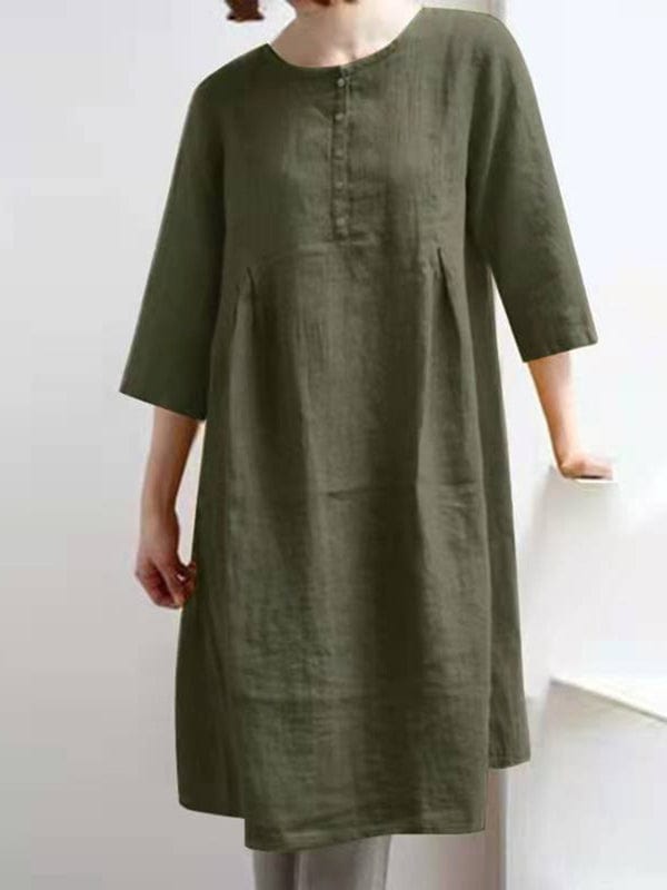 Retro Cotton Linen Solid Pleated Half Sleeve Mini Dress DRE2212055645AGRES Olive / 2 (S)