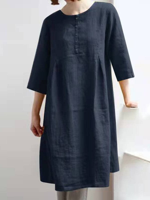 Retro Cotton Linen Solid Pleated Half Sleeve Mini Dress DRE2212055645NBLUS Navy / 2 (S)