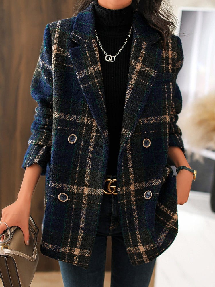 Retro Plaid Casual Woolen Coat COA2211031453DBLUM Navy / 4/6 (M)