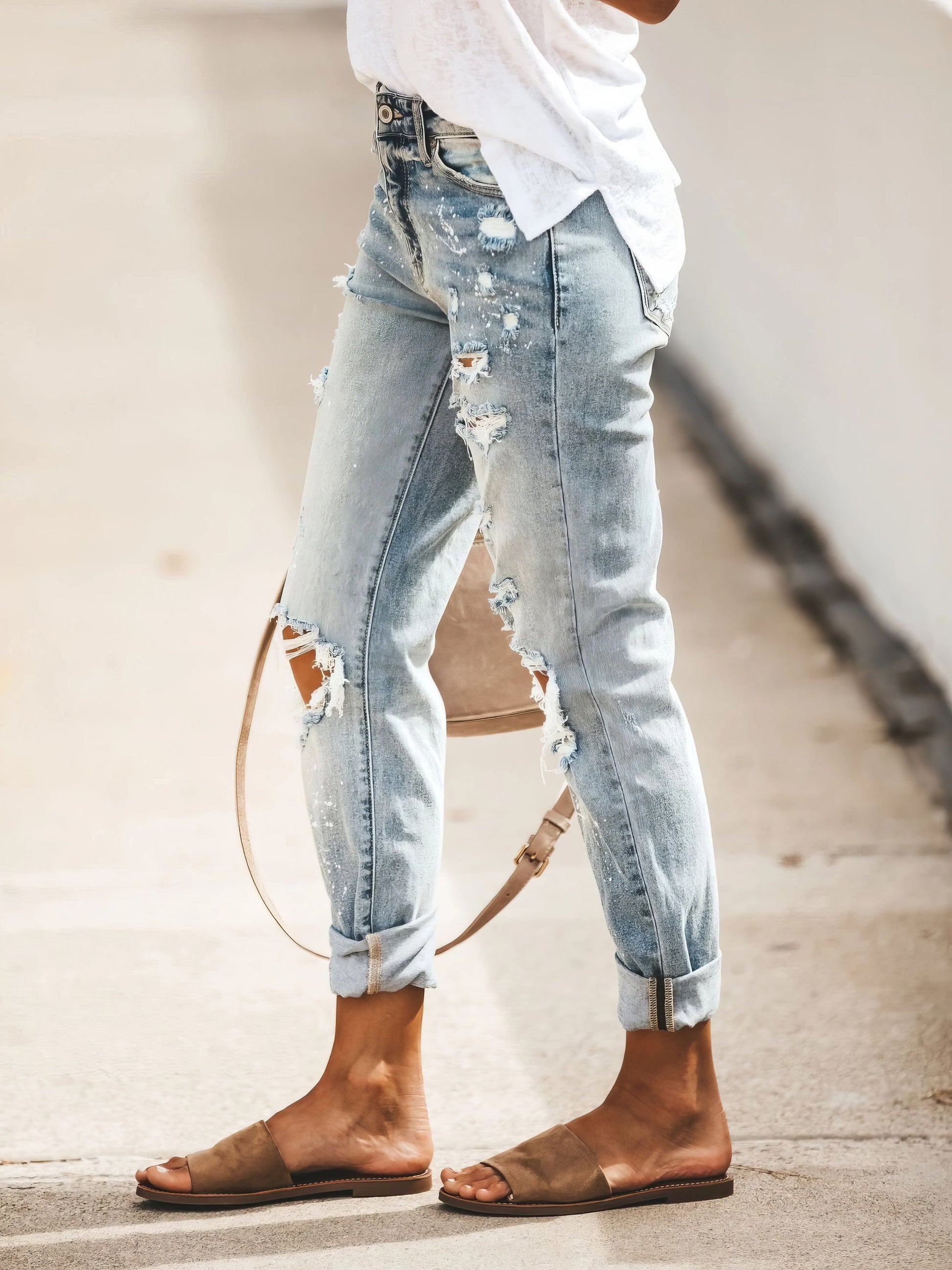 Ripped Washed Denim Trousers