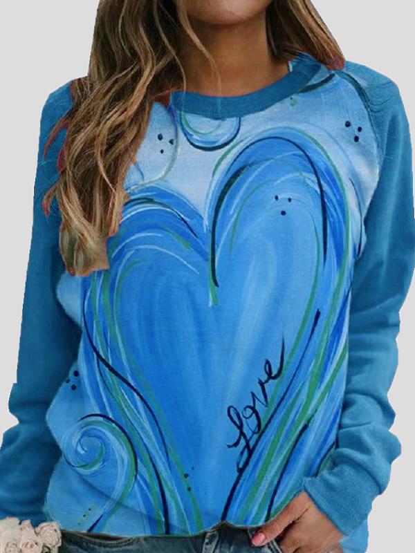 Round Neck Heart-Shaped Print Long Sleeve T-Shirt TSH2109091753BLUS Blue / 2 (S)