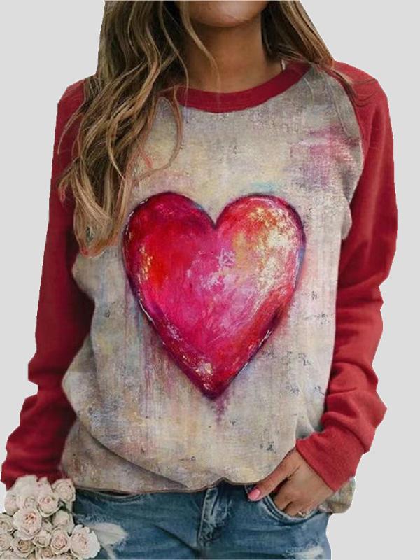 Round Neck Heart-Shaped Print Long Sleeve T-Shirt TSH2109091753REDS Red / 2 (S)