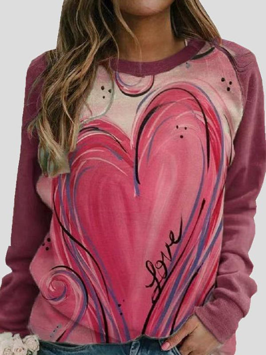 Round Neck Heart-Shaped Print Long Sleeve T-Shirt TSH2109091753PINS Pink / 2 (S)