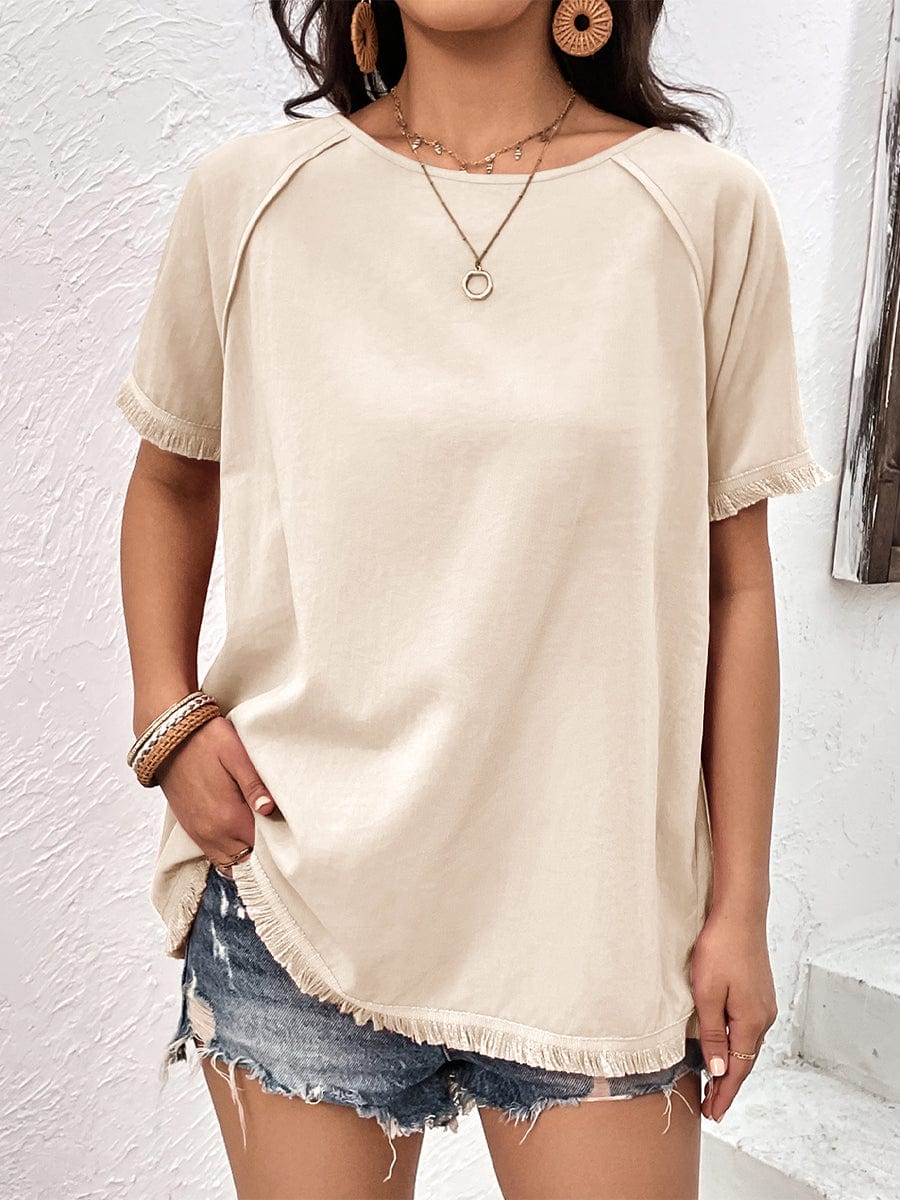 Round Neck Raglan Sleeve Fringe Detail T-Shirt TSH2307200209BEIS Beige / 2 (S)