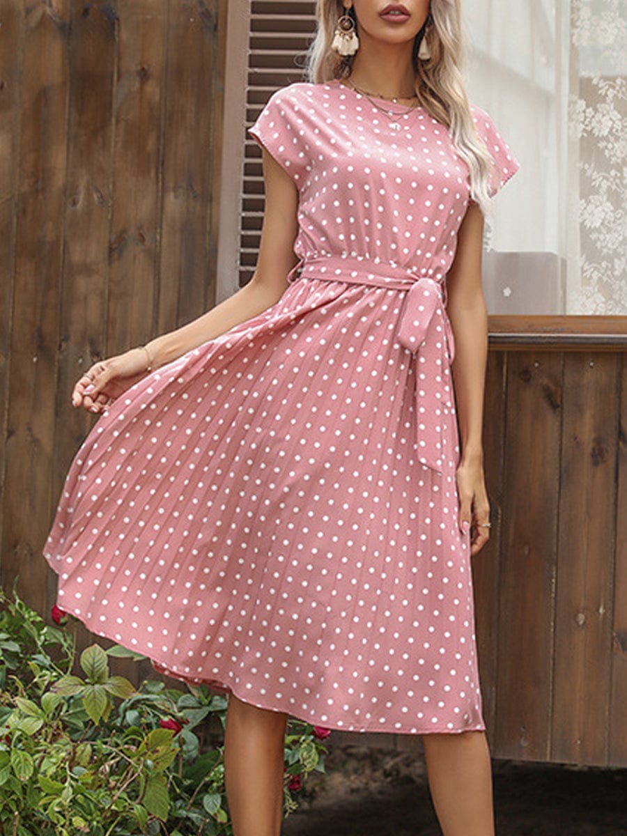 Round Neck Tie Polka Dot Pleated Short Sleeve Midi Dress DRE2306010236PINS Pink / 2 (S)