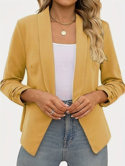 Ruched Solid Color Open-Front Buttonless Placket Casual Blazer PLU23092602YELS(4) Yellow / S(4)