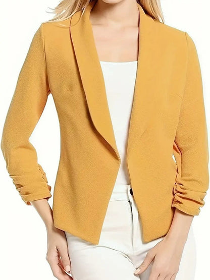 Ruched Solid Color Open-Front Buttonless Placket Casual Blazer