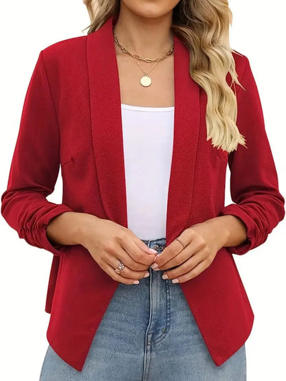 Ruched Solid Color Open-Front Buttonless Placket Casual Blazer PLU23092602REDS(4) Red / S(4)