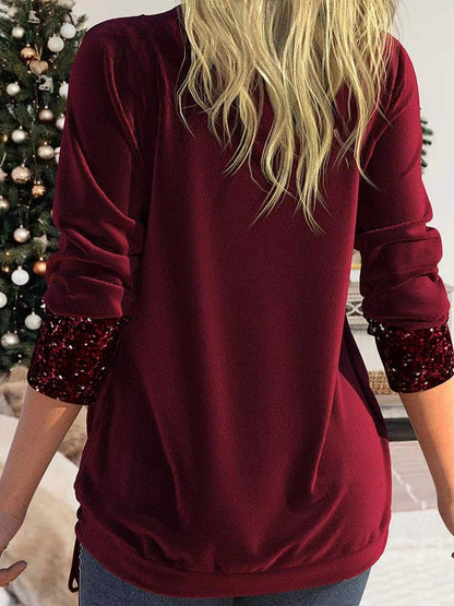 Sequin Panel Solid Long Sleeve Drop Collar Pleated T-Shirt