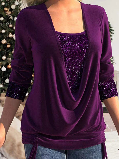 Sequin Panel Solid Long Sleeve Drop Collar Pleated T-Shirt TSH2212162805PURS Purple / 2 (S)