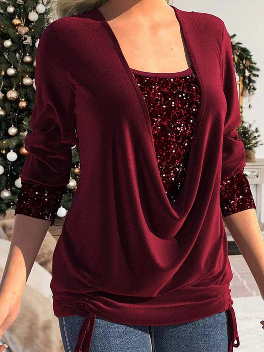 Sequin Panel Solid Long Sleeve Drop Collar Pleated T-Shirt TSH2212162805BURS DarkRed / 2 (S)