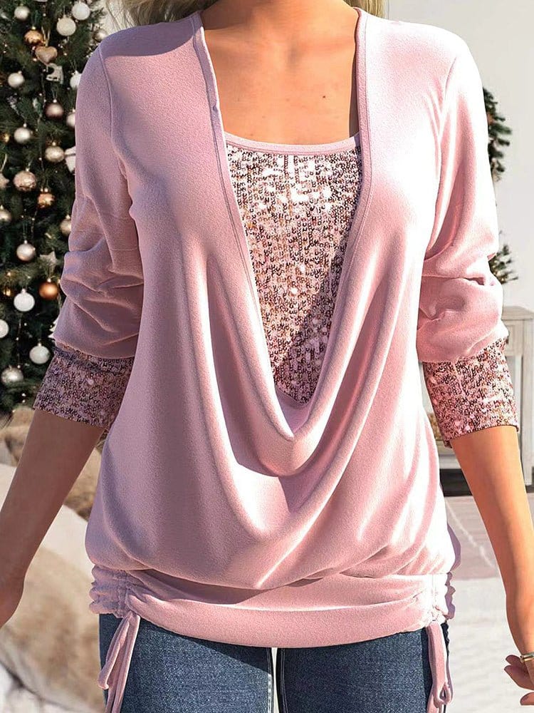 Sequin Panel Solid Long Sleeve Drop Collar Pleated T-Shirt TSH2212162805LOTS Pink / 2 (S)
