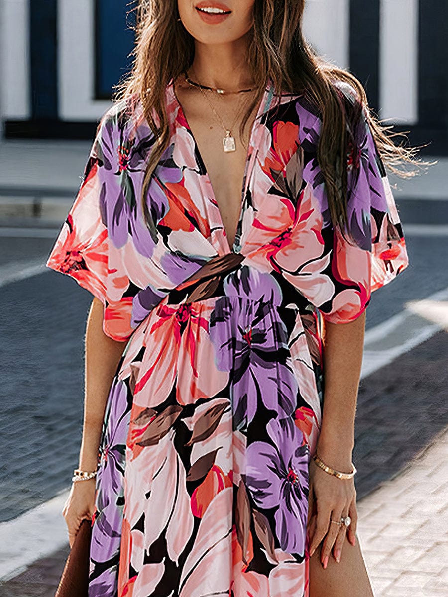 Sexy Commuter V Neck Fashion Printing Slit Midi Dress