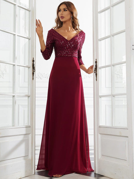 Sexy V Neck Sequin Evening Dresses with 3/4 Sleeve DRE230970501BDG4 DarkRed / 4