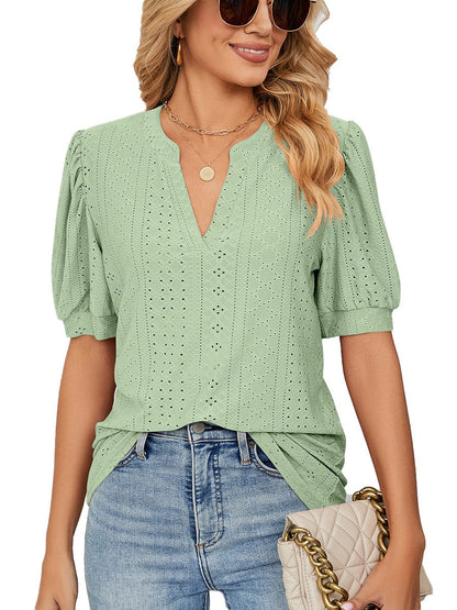 Shirts Casual V Neck Hollow Puff Sleeve Loose T Shirt TSH2302280028LGRES LightGreen / 2 (S)