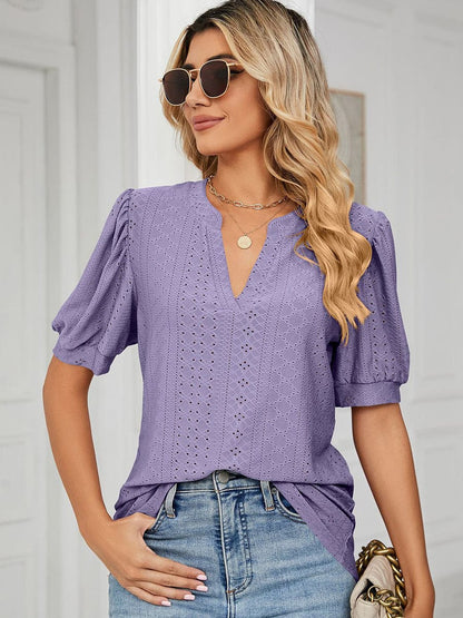 Shirts Casual V Neck Hollow Puff Sleeve Loose T Shirt TSH2302280028PURS Purple / 2 (S)