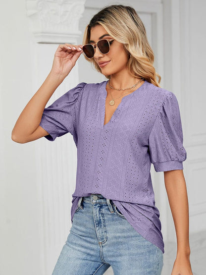 Shirts Casual V Neck Hollow Puff Sleeve Loose T Shirt