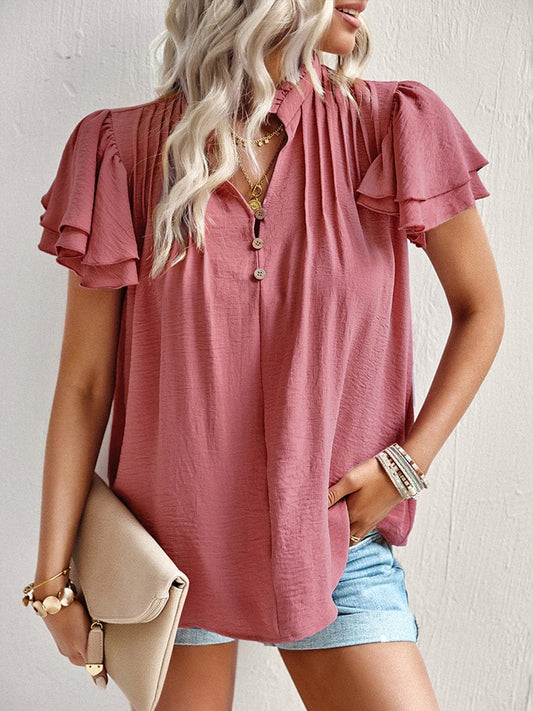 Short Sleeve Elegant Ruffle T-Shirt TSH2303130070PINS Pink / 2 (S)