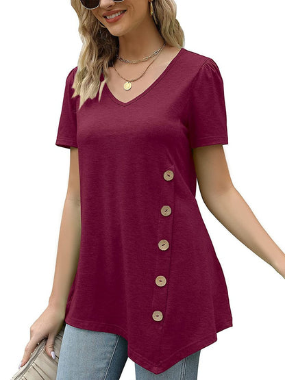 Short Sleeve V Neck Loose Casual T-Shirt TSH2304180137DRES DarkRed / 2 (S)