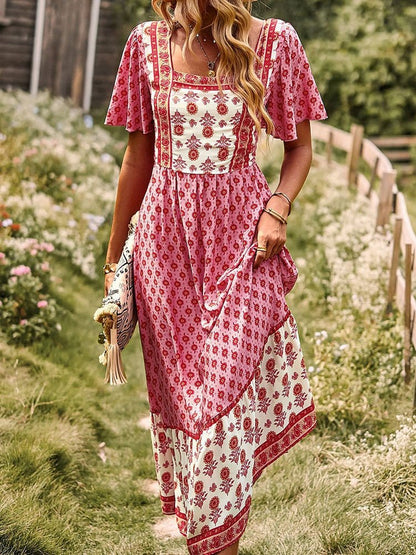 Short Sleeved Bohemian Casual Midi Dress DRE2212175670PINS Pink / 2 (S)