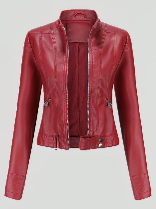 Short Stand-Up Collar Zipped Leather Jacket JAC2108261130WREDS Red / 2 (S)